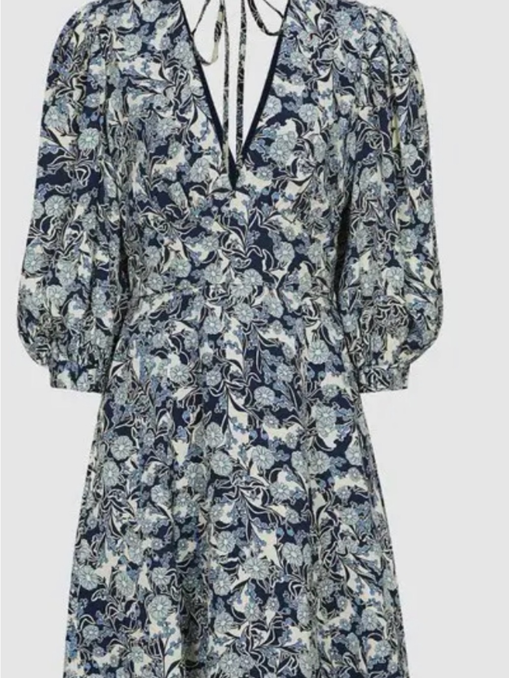 Reiss Navy and White Floral V-Neck Puff-Sleeve Mini Dress